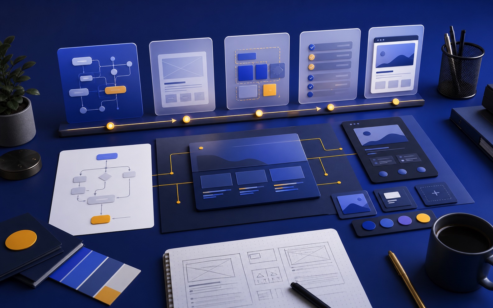 Launch workflow workspace with roadmap cards and interface panels