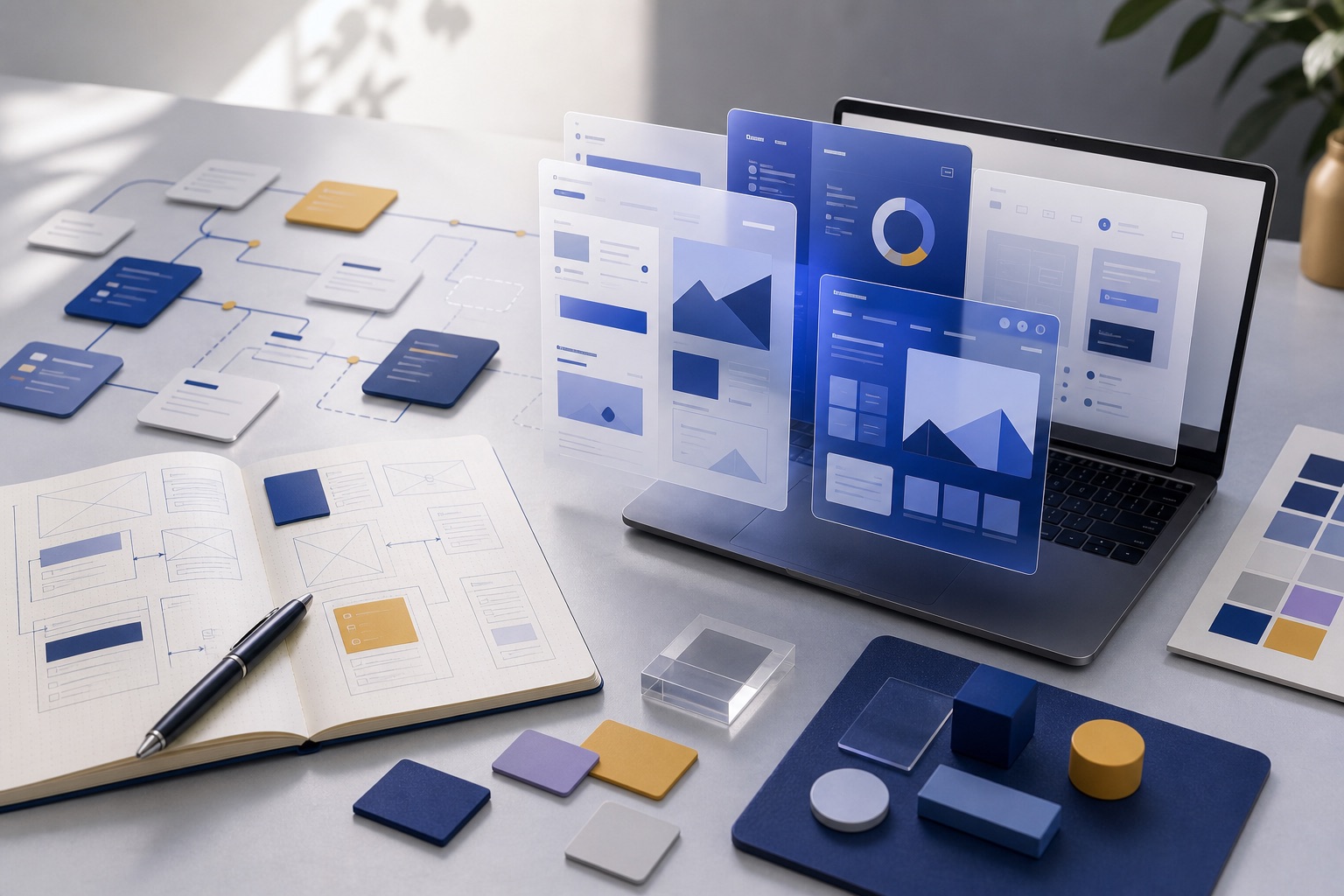 Product planning workspace with workflow cards and interface mockups